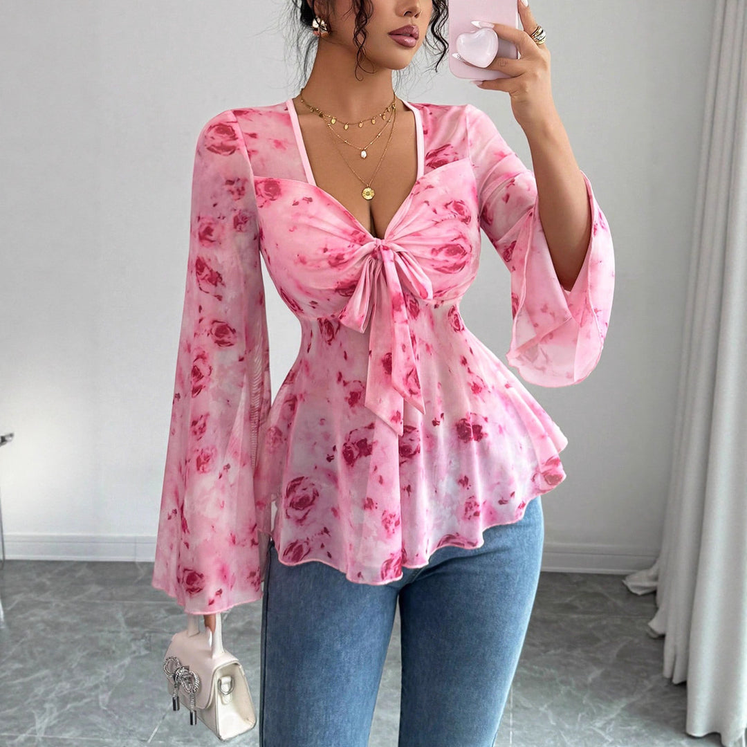 Damen Chiffonbluse mit Bindeknoten, V‑Ausschnitt und ausgestellten Glockenärmeln Shop Nory