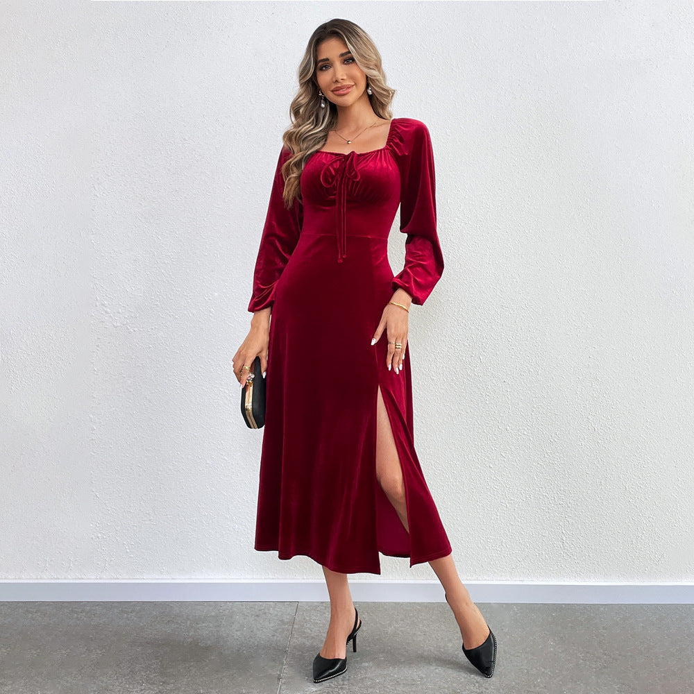 Damen elegantes Samt-Midikleid mit Binddetail am Bustier, taillierter Schnitt und seitlichem Oberschenkelschlitz Shop Nory