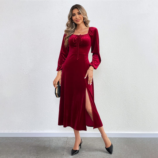 Damen elegantes Samt-Midikleid mit Binddetail am Bustier, taillierter Schnitt und seitlichem Oberschenkelschlitz Shop Nory