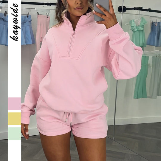 Damen nan lässiges Sweatshirt-Set mit halbem Reißverschluss, Kängurutasche und High-Waist-Shorts Shop Nory