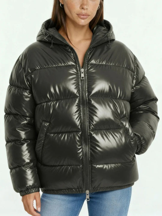 Damen Hochglanz Steppjacke mit Kapuze