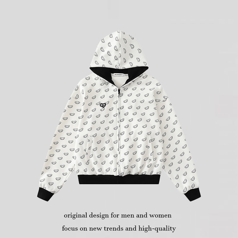 Damen Kapuzensweatjacke mit Allover‑Flügelmotiv, durchgehendem Reißverschluss und kontrastierenden Bündchen Shop Nory