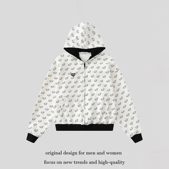 Damen Kapuzensweatjacke mit Allover‑Flügelmotiv, durchgehendem Reißverschluss und kontrastierenden Bündchen Shop Nory