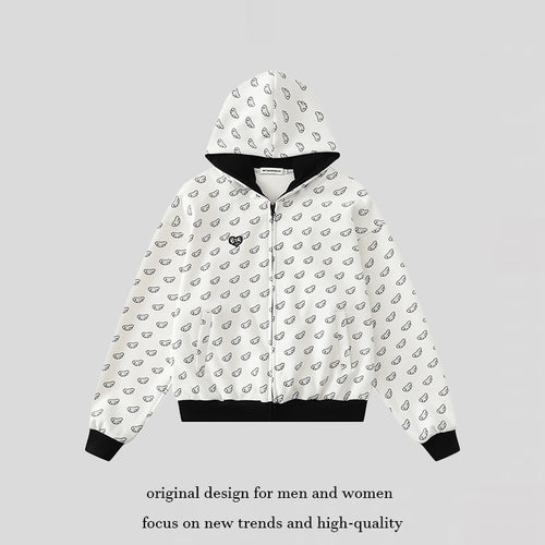 Damen Kapuzensweatjacke mit Allover‑Flügelmotiv, durchgehendem Reißverschluss und kontrastierenden Bündchen Shop Nory