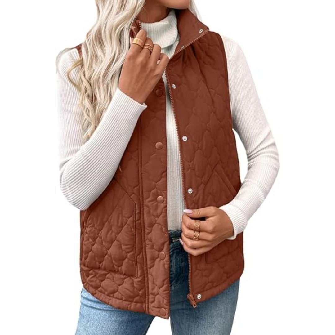 Damen Steppweste mit hohem Stehkragen, Doppelverschluss und geschwungenem Saum Shop Nory