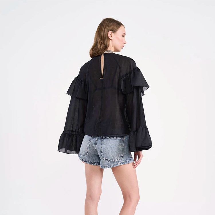 Damen Transparente Volantbluse mit doppelter Rüsche und Glockenärmeln Shop Nory