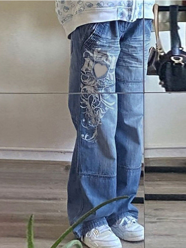 Damen Weit geschnittene Jeans mit einzigartigem Design und prominentem Druck
