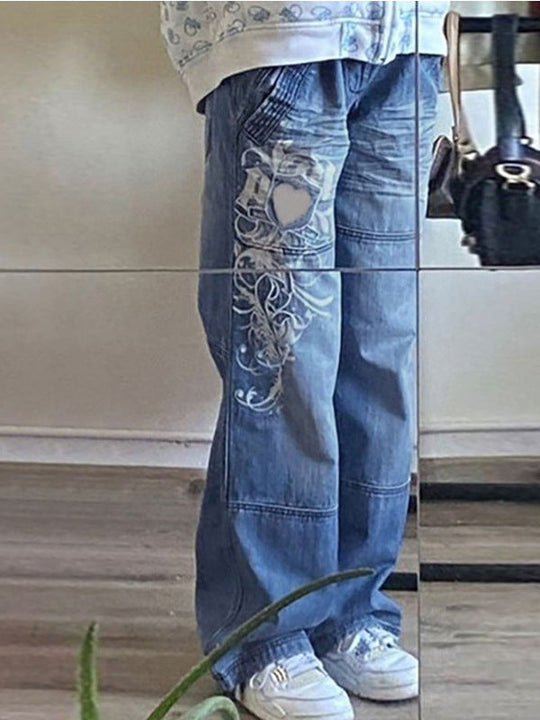 Damen Weit geschnittene Jeans mit einzigartigem Design und prominentem Druck