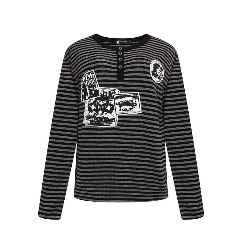 Damen Gestreiftes Langarm-Henleyshirt mit Knopfleiste und Grafikpatches Shop Nory