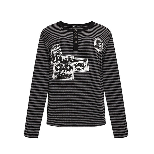 Damen Gestreiftes Langarm-Henleyshirt mit Knopfleiste und Grafikpatches Shop Nory