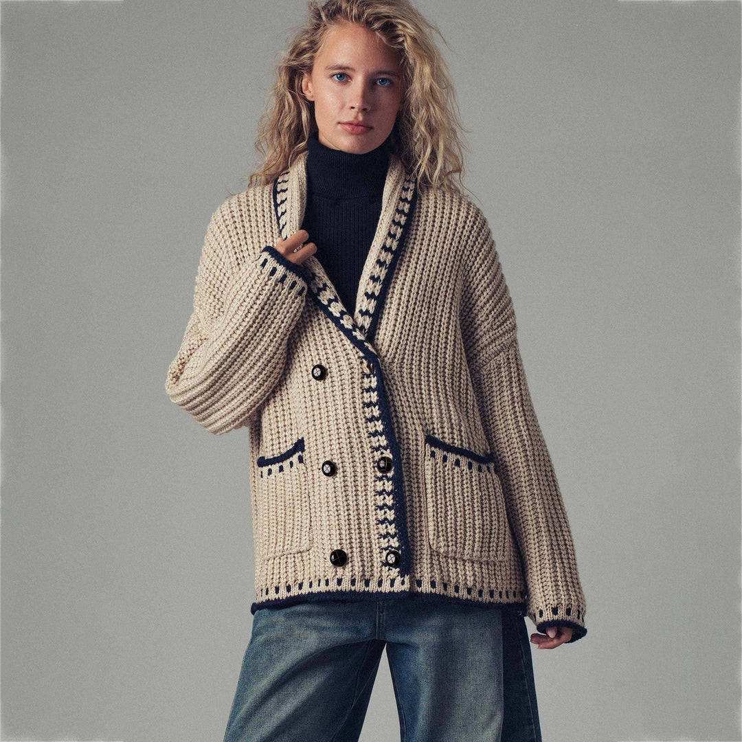 Damen Grobstrick-Cardigan mit Schalkragen, Zierstreifen & aufgesetzten Taschen Shop Nory