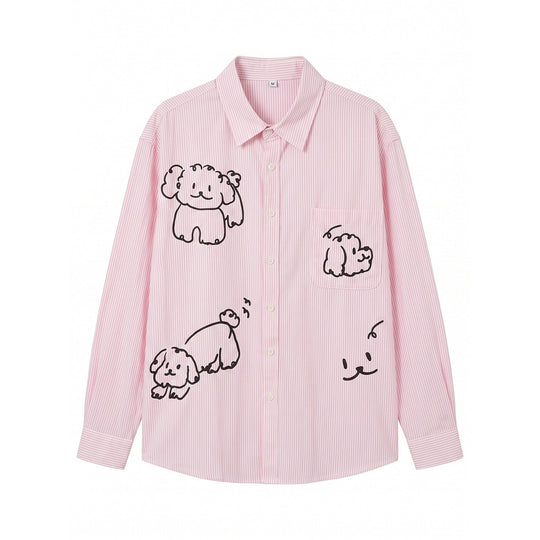 Damen Gestreifte Oversize-Hemdbluse mit Hundedoodle-Prints und Brusttasche Shop Nory