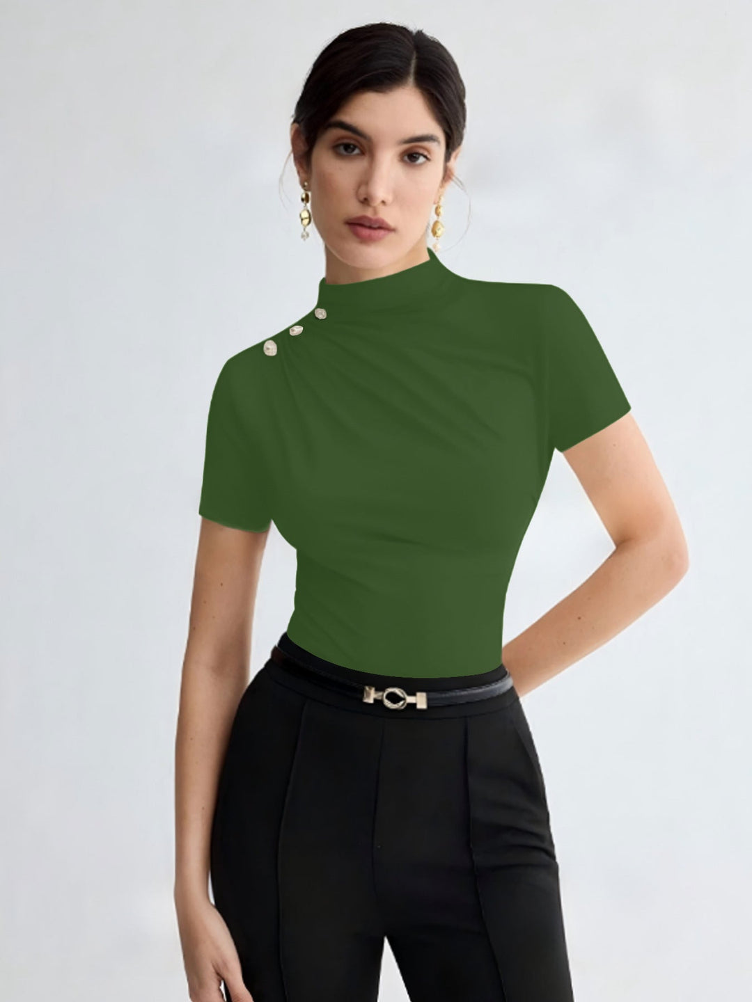 Damen elegantes Oberteil mit dekorativen Knopfdetails und modernem Stehkragen