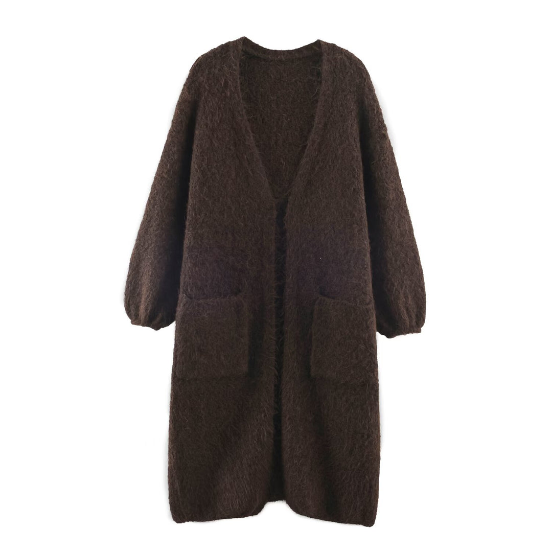 Damen Oversize Strickmantel mit V‑Ausschnitt, kuscheliger Bouclé‑Optik und aufgesetzten Taschen Shop Nory