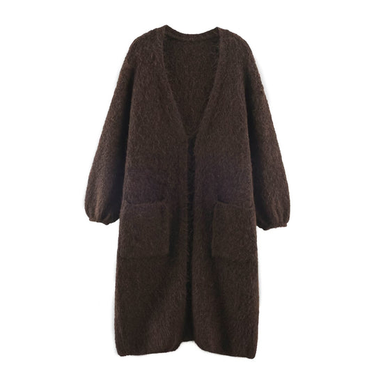 Damen Oversize Strickmantel mit V‑Ausschnitt, kuscheliger Bouclé‑Optik und aufgesetzten Taschen Shop Nory