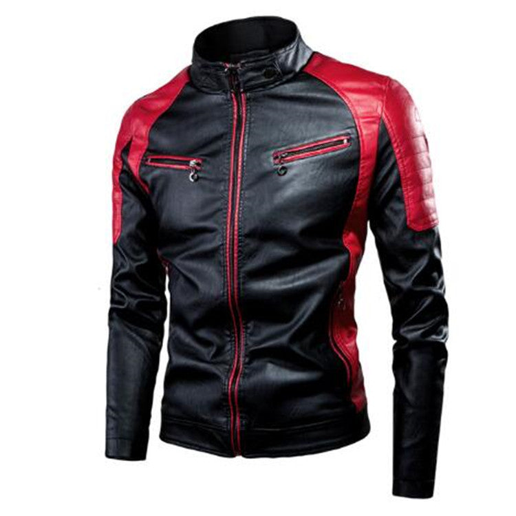 Herren Schmal geschnittene Motorrad-Kunstlederjacke mit Kontrastpaneelen, gesteppter Schulter und Reißverschlusstaschen Shop Nory