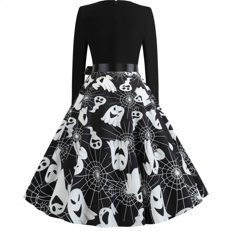 Damen Swingkleid mit wellenförmigem Ausschnitt, langärmligem Oberteil und Geister-Print mit Taillenschleife Shop Nory