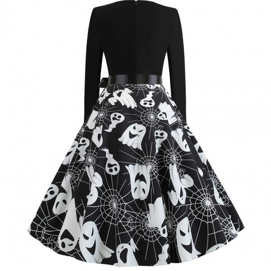 Damen Swingkleid mit wellenförmigem Ausschnitt, langärmligem Oberteil und Geister-Print mit Taillenschleife Shop Nory