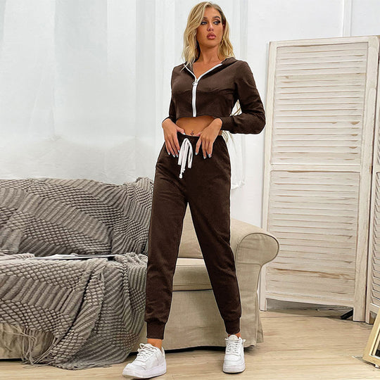 Damen Zweiteiliger Velours-Jogginganzug mit Cropped-Kapuze und Tunnelzughose Shop Nory