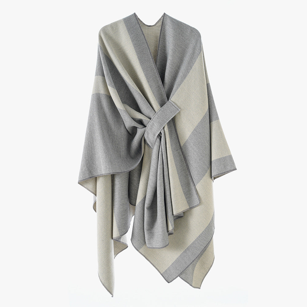 Damen Wickel‑Cape mit breitem Streifenmuster und Bindegürtel Shop Nory