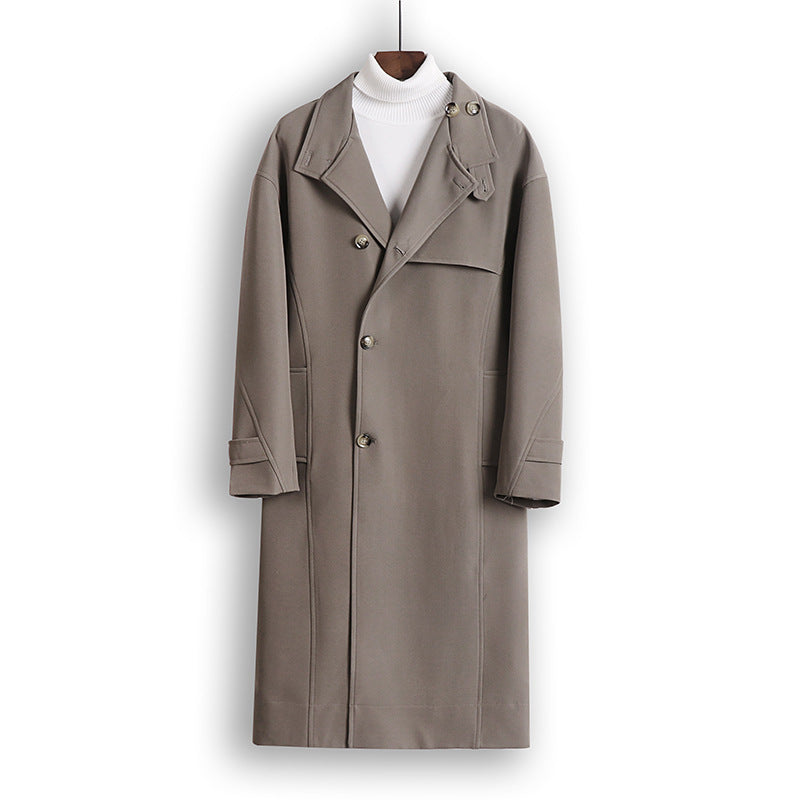 Herren Langgeschnittener Minimalistischer Trenchcoat mit Schalkragen und verstellbaren Ärmelriemen Shop Nory
