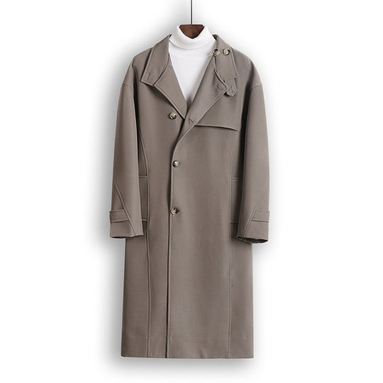 Herren Langgeschnittener Minimalistischer Trenchcoat mit Schalkragen und verstellbaren Ärmelriemen Shop Nory