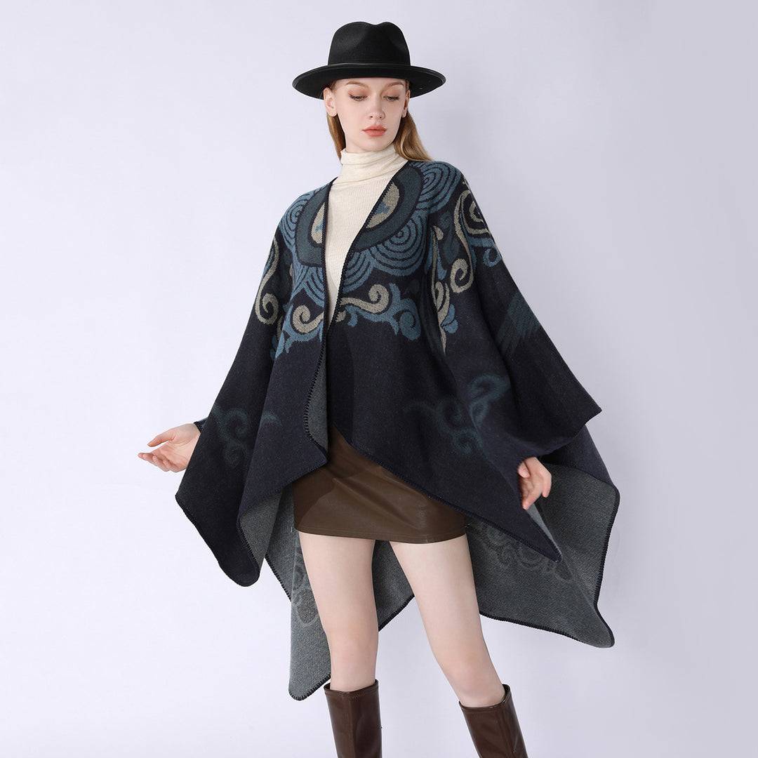 Damen Wollmix-Cape mit ornamentalem Jacquard, asymmetrischem Zipfel und weichfallendem Oversize-Fall Shop Nory