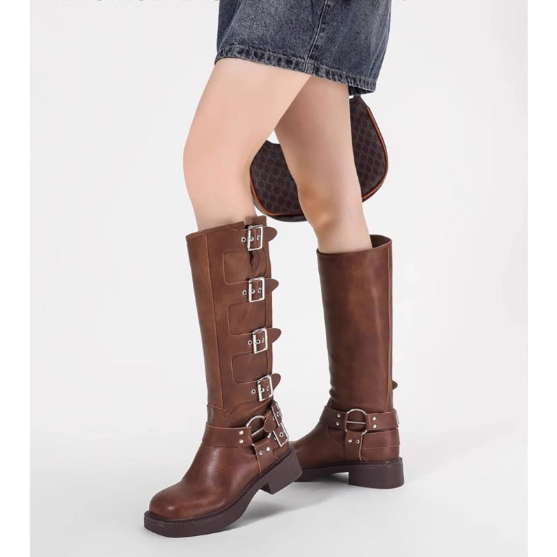Damen Stiefel mit modischen Schnallen und robustem Blockabsatz