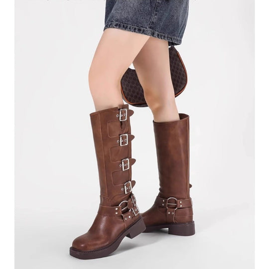Damen Stiefel mit modischen Schnallen und robustem Blockabsatz