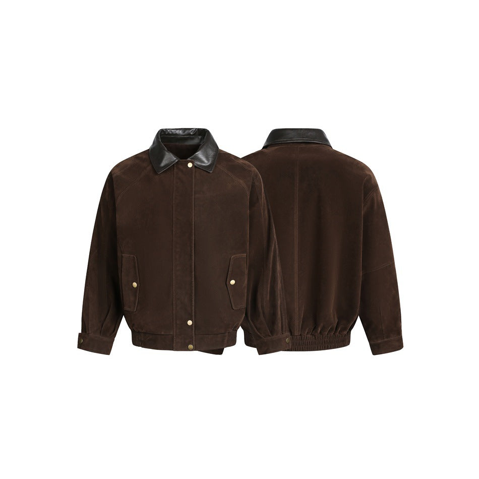 Herren Boxy Veloursleder-Blouson mit kontrastierendem Lederkragen und Druckknopf-Pattentaschen Shop Nory
