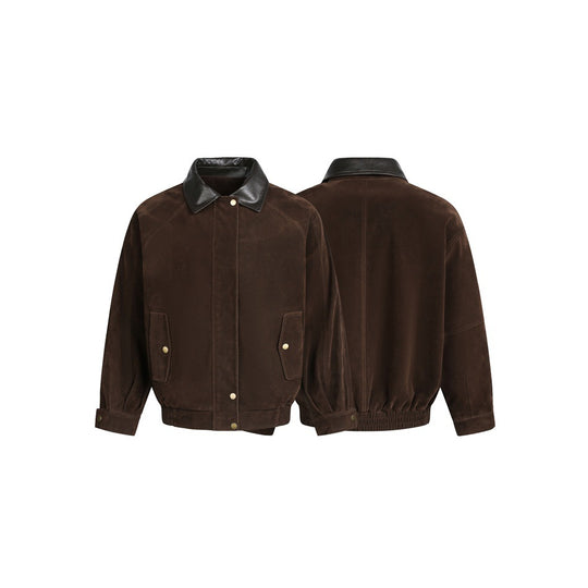 Herren Boxy Veloursleder-Blouson mit kontrastierendem Lederkragen und Druckknopf-Pattentaschen Shop Nory