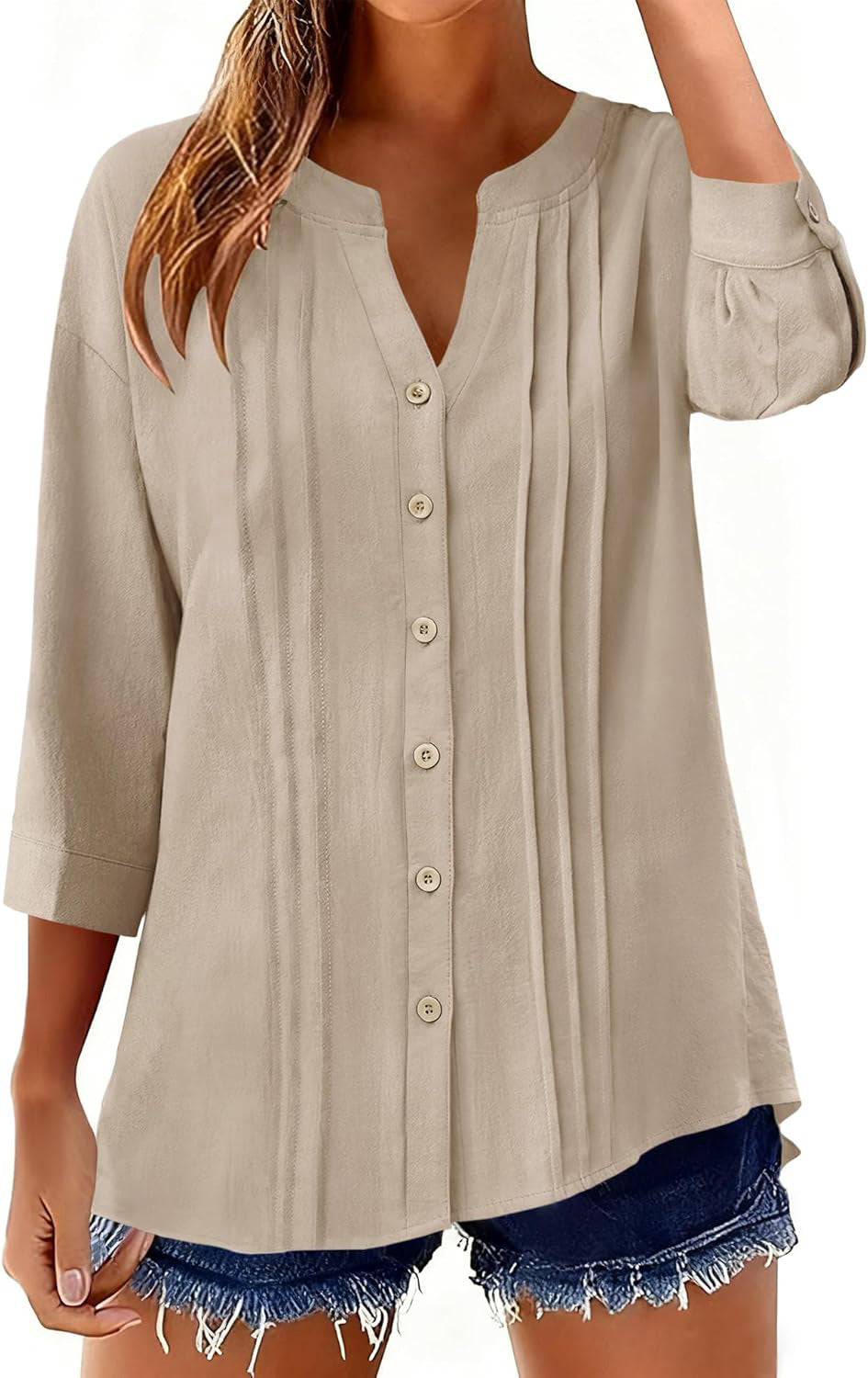Damen Lockeres Tunikashirt mit Kellerfalten und dreiviertel Ärmeln Shop Nory