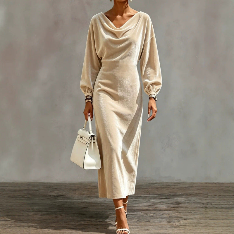 Damen Midikleid aus Samt mit drapiertem Wasserfallkragen und Ballonärmeln Shop Nory