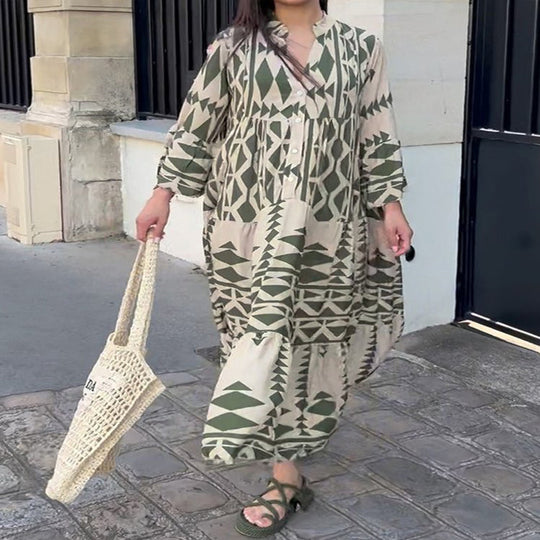 Damen Lockeres Maxikleid im Boho‑Stil mit grafischem Print, V‑Ausschnitt und Knopfleiste Shop Nory