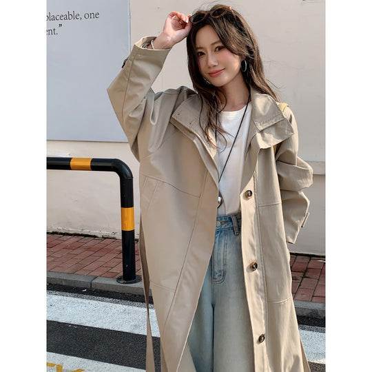 Damen Langer leichter Trenchcoat im Oversize-Stil mit geradem Schnitt und verdeckter Knopfleiste Shop Nory