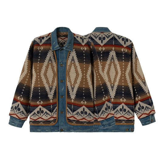 Unisex Weit geschnittene Jacquard-Linerjacke mit Denim-Besatz und grafischem Ethno-Muster Shop Nory