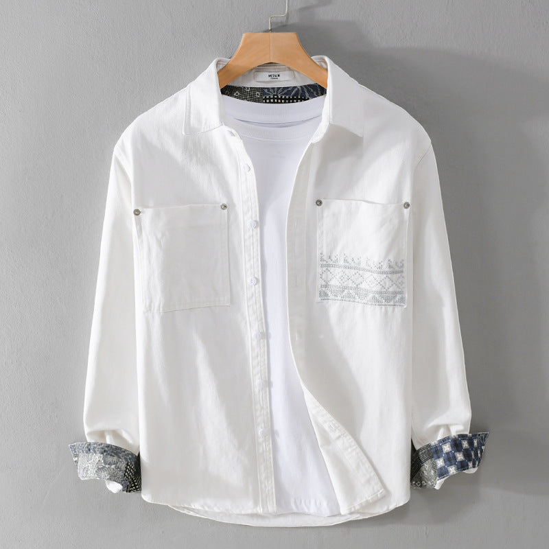 Herren Baumwoll-Overshirt mit Kontrastfutter, Brusttaschen und feiner Stickerei Shop Nory