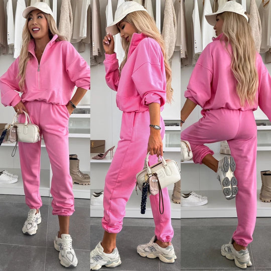 Damen Kuscheliges Freizeit-Set mit Kurzreißverschluss, hohem Kragen und Joggerhose Shop Nory