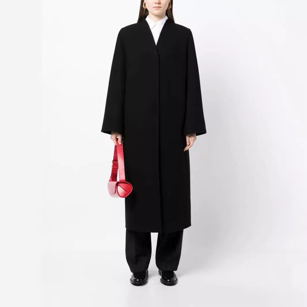 Damen Maxilanger minimalistischer Mantel mit verdeckter Front und kastiger Schulter Shop Nory
