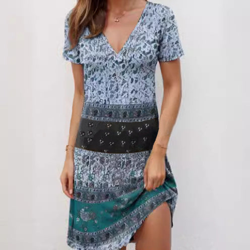 Damen Kurzarmkleid mit modischem V-Ausschnitt und kreativem Muster