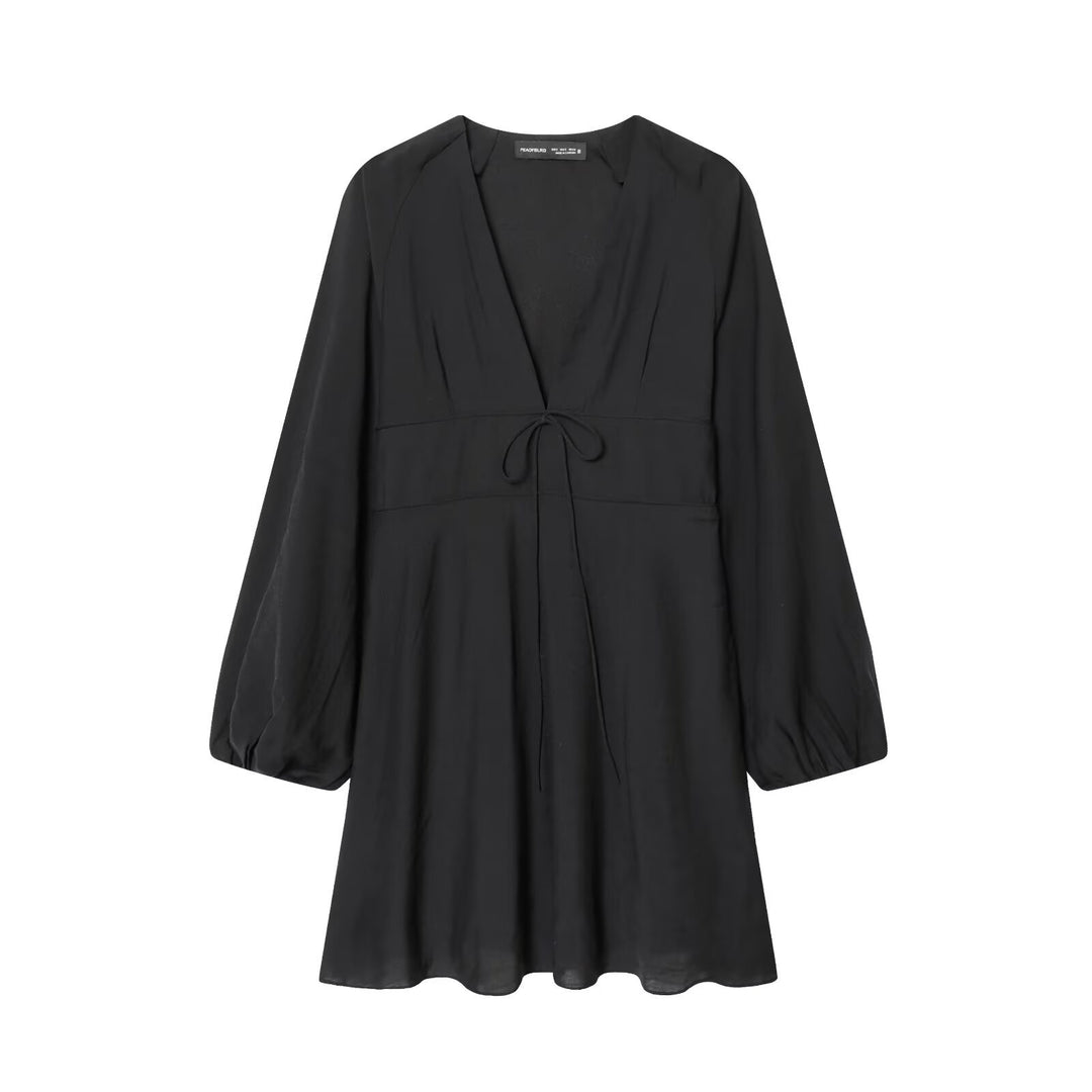 Damen Kurzkleid mit tiefem V‑Ausschnitt, Empire‑Taillenband und weiten Ballonärmeln Shop Nory