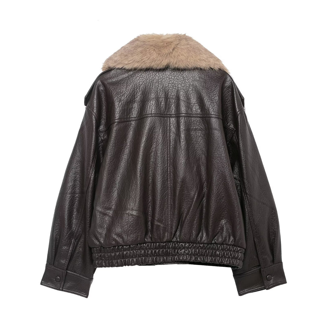 Damen Cropped Lederblouson mit voluminösem Pelzkragen und Taillen-Smock Shop Nory