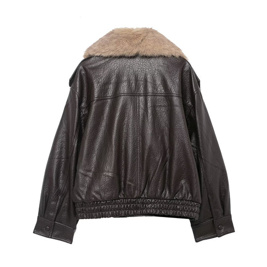 Damen Cropped Lederblouson mit voluminösem Pelzkragen und Taillen-Smock Shop Nory