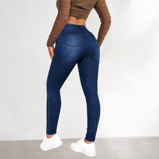 Damen High-Waist Skinny Jeans mit angedeuteten Taschen und elastischem Bund