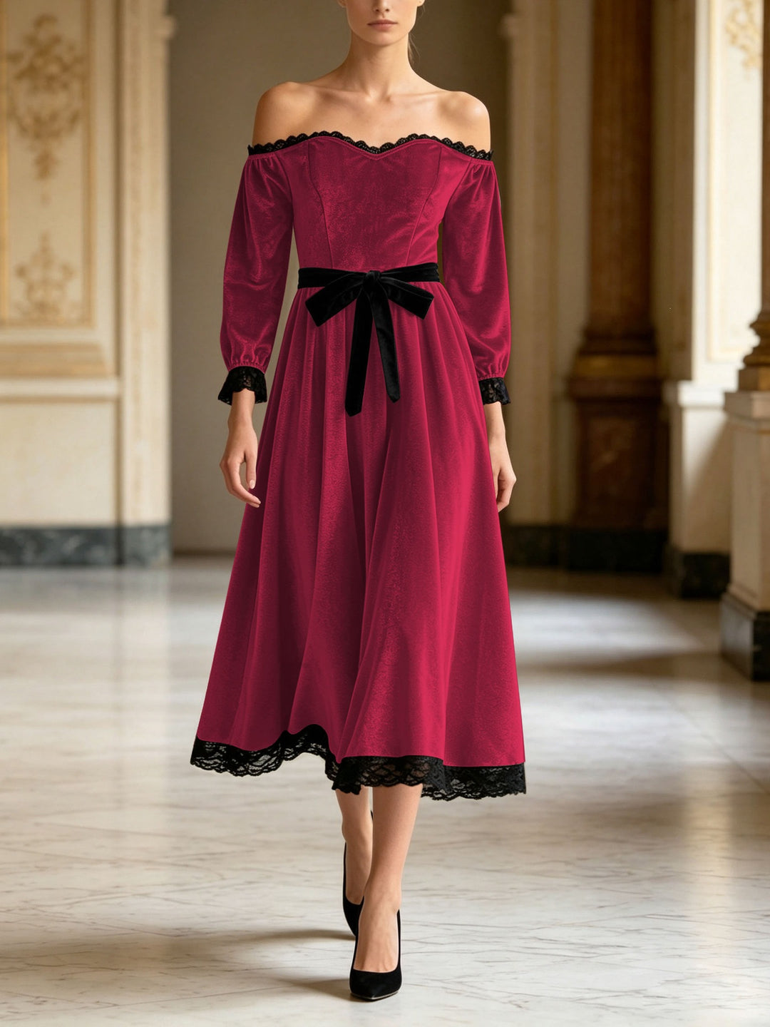 Damen Schulterfreies Samtkleid mit Spitzenbesatz, Samt-Taillengürtel und ausgestelltem Midirock Shop Nory