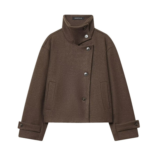 Damen Kurzer kastiger Wollmantel mit asymmetrischer Knopfleiste und Stehkragen Shop Nory