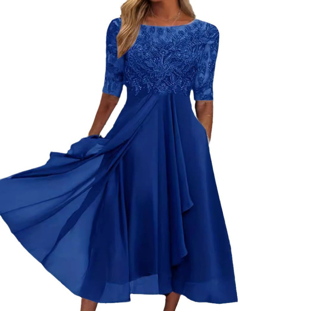 Damen nan elegantes Cocktailkleid mit bestickter Korsage, U-Boot-Ausschnitt und fließendem Chiffonrock