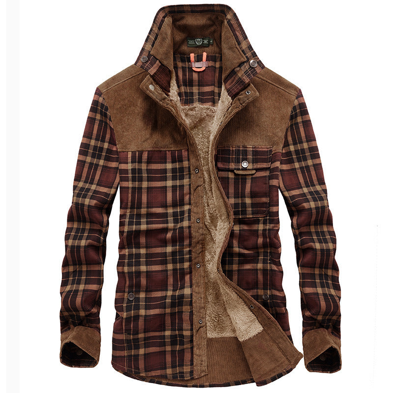 Herren karierte Hemdjacke mit Teddyfutter, Cordbesatz und hohem Stehkragen Shop Nory