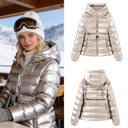 Damen Kurz geschnittene Steppjacke mit Kapuze, tailliertem Gummizug und Ziergürtel Shop Nory