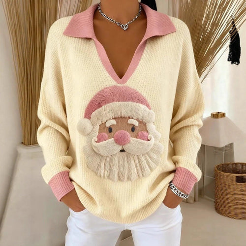 Damen Weicher Strickpullover mit V-Kragen, Polokragen und 3D-Weihnachtsmotiv Shop Nory